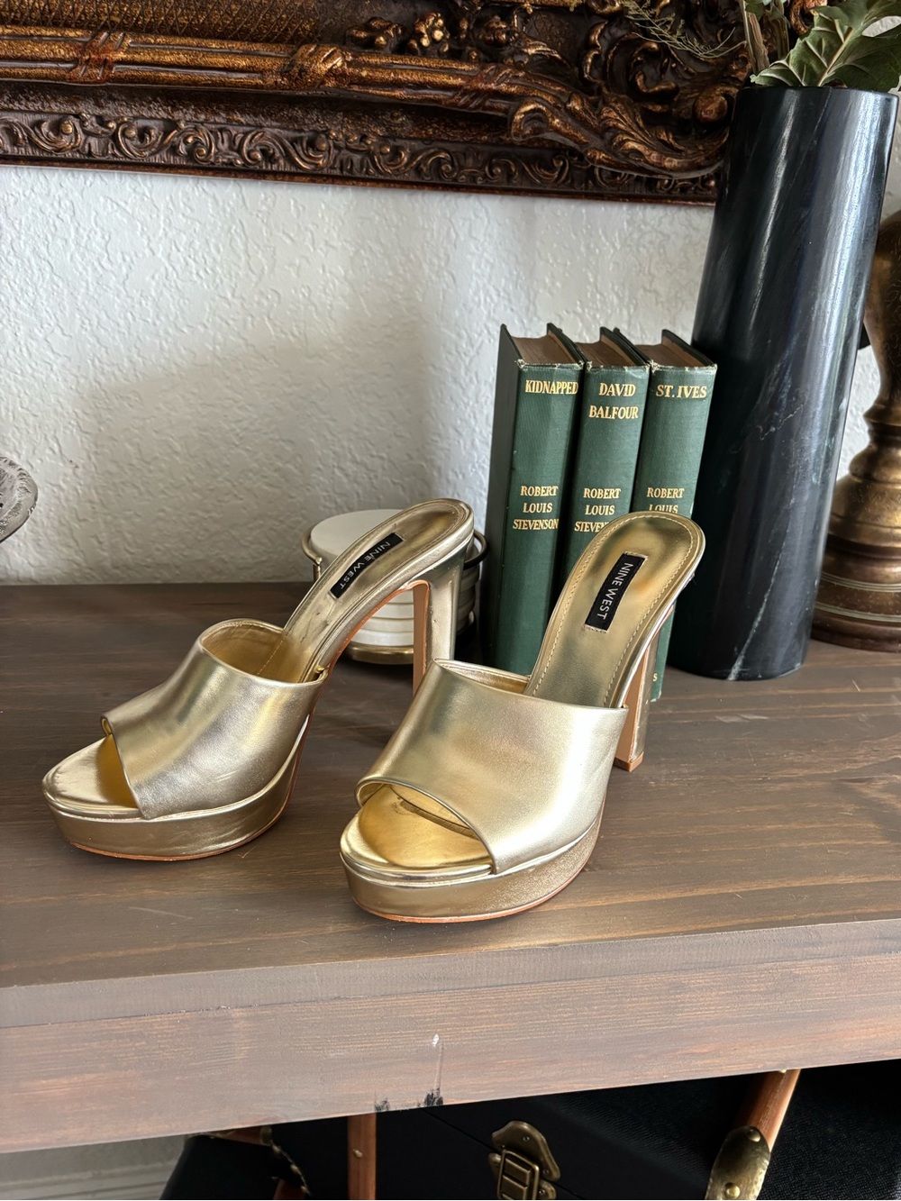 Nine West Metallic Gold Open-Toe Platform Mule Heels